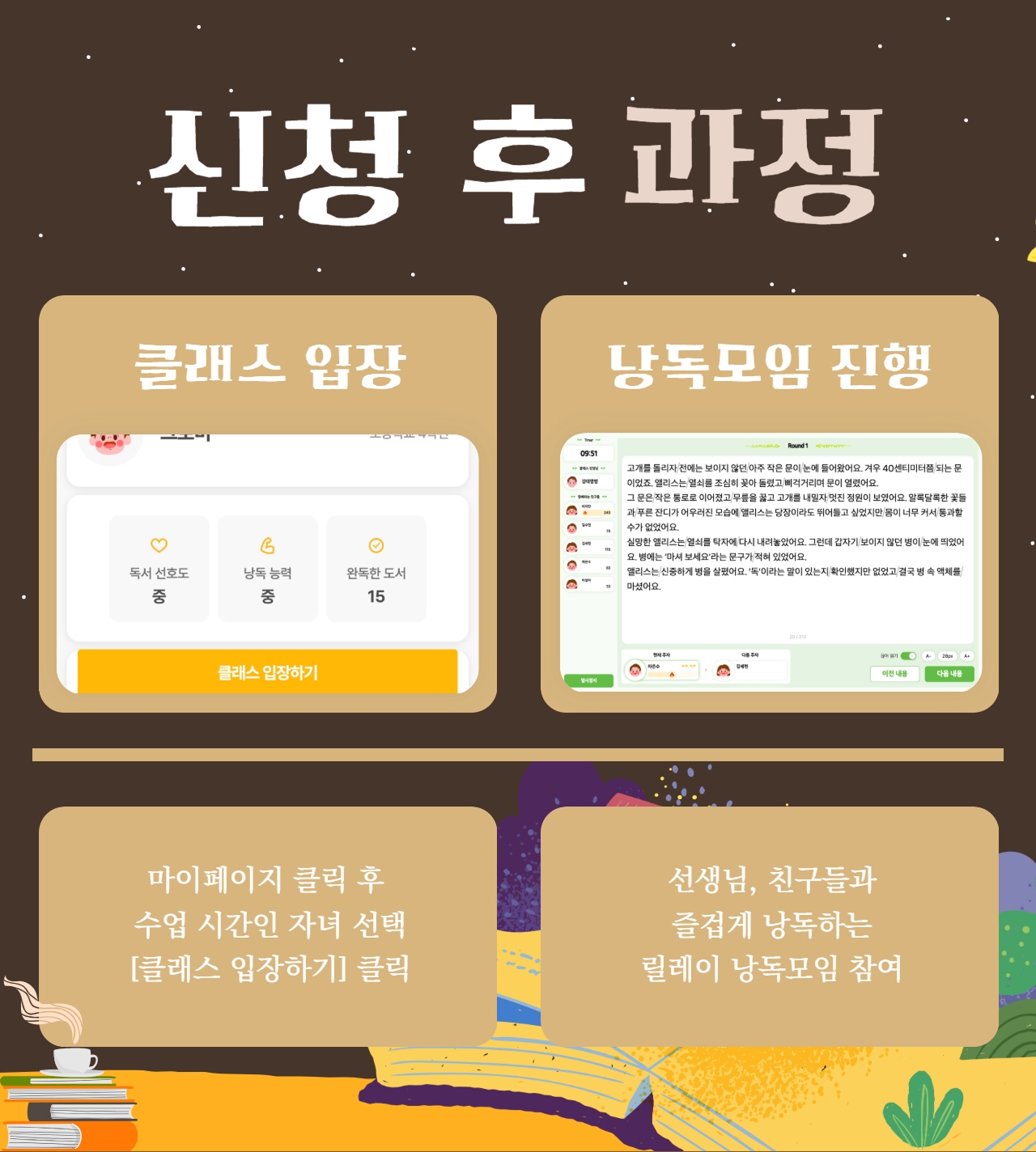 신청 후 과정 - 1.클래스입장/2.낭독모임 진행